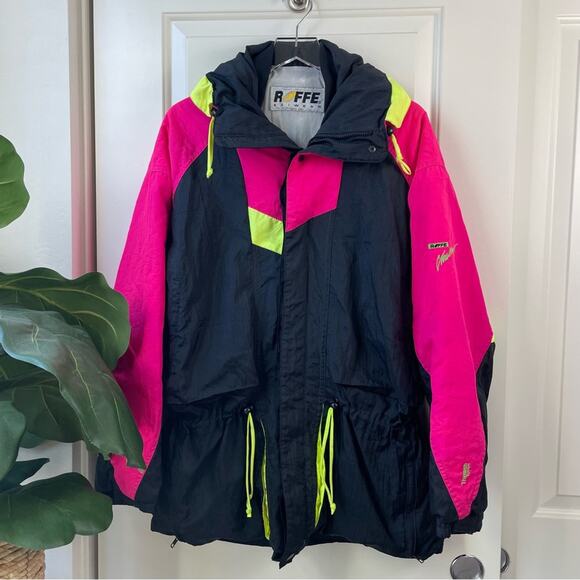 Roffe Vintage Skiwear Jacket 80s/90s Neon Color Block Black Pink Large